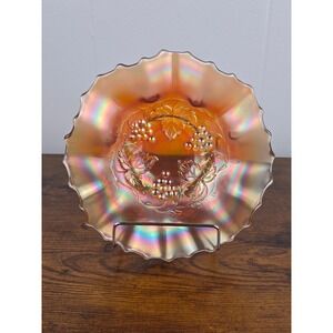 Dugan Golden Grape Carnival Glass Ruffled Bowl 7.5" Vintage